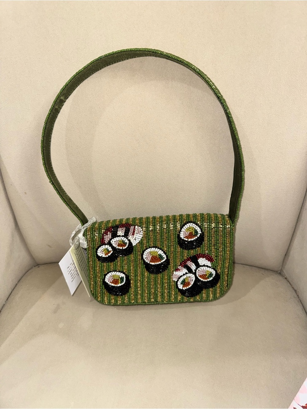 Green Beaded Sushi Motif Shoulder Bag